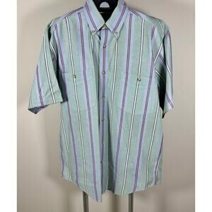 Vintage 90's Eddie Bauer Short Sleeve Green & Blue Striped Button Down Men's M